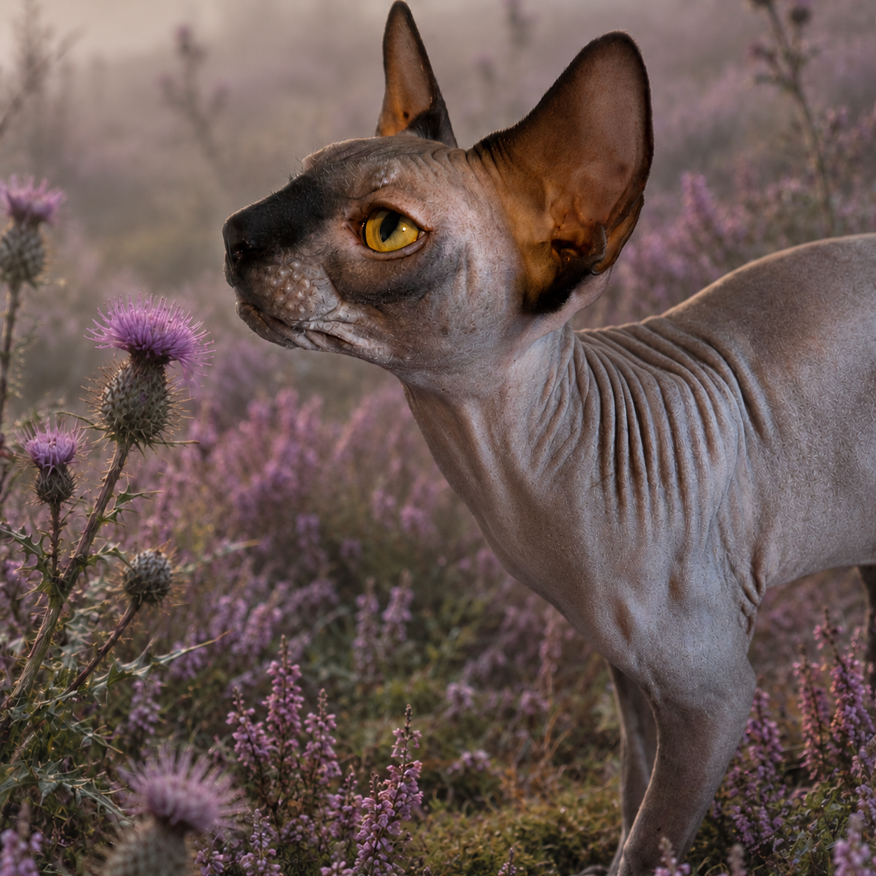 Canadian Sphynx cat looking towards a purple thistle in a flowering meadow