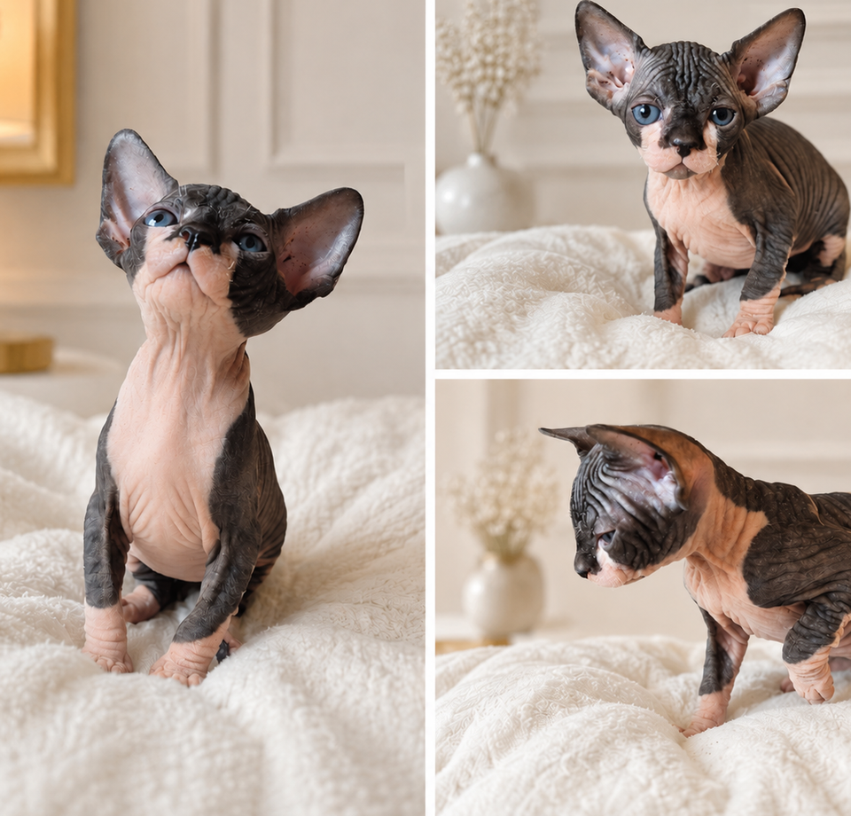 Hairless Whiskers Amazing Grace (Gracie) – Photo Collage Three-photo collage of Gracie, a Canadian Sphynx cat with large ears and blue eyes, posing on soft cream bedding
