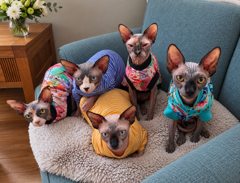 Five Canadian Sphynx cats wearing colourful outfits together on a cosy chair