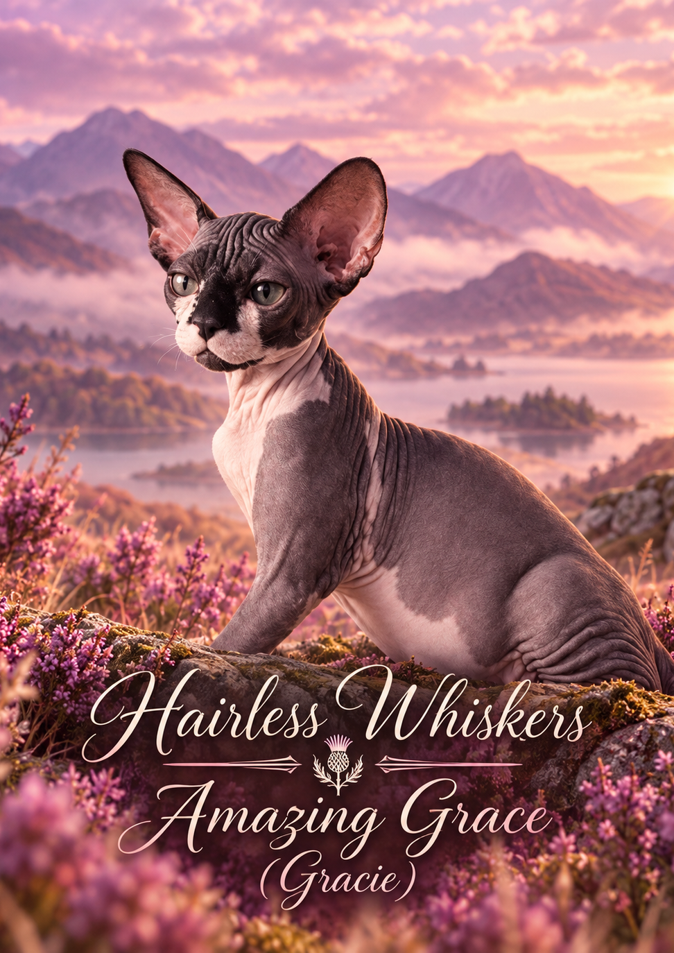 Hairless Whiskers Amazing Grace (Gracie) – RiviaSphynx Portrait graphic of Hairless Whiskers Amazing Grace (Gracie), a Canadian Sphynx cat, against a pink and purple landscape