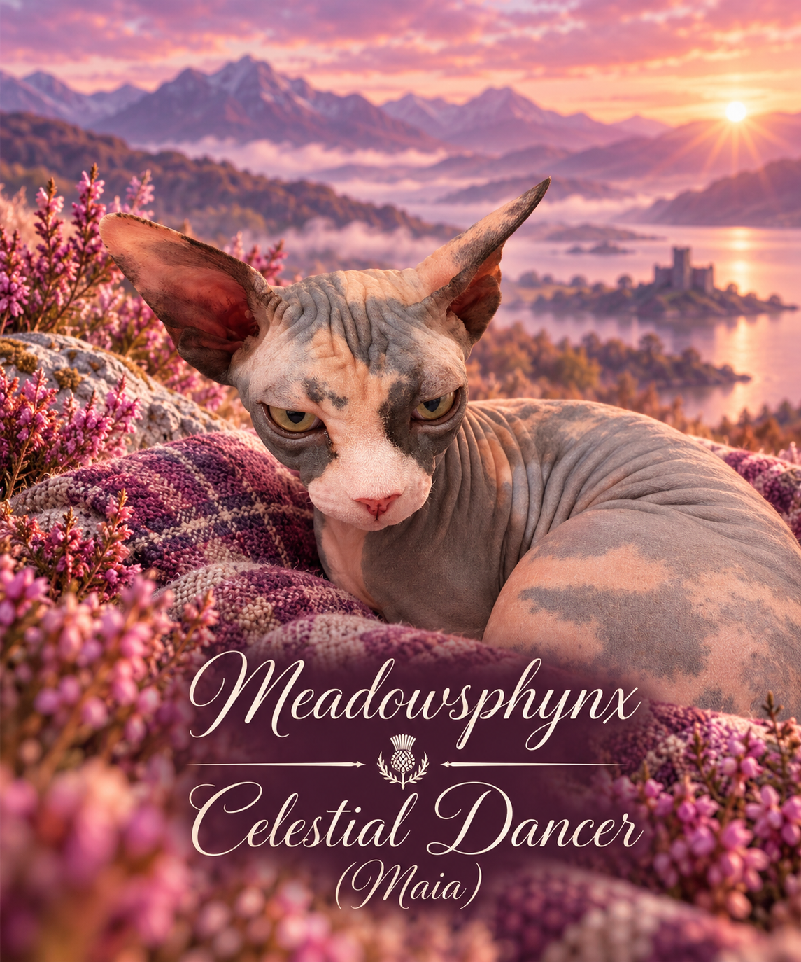 Meadowsphynx Celestial Dancer (Maia) – RiviaSphynx Portrait of Meadowsphynx Celestial Dancer (Maia), a Canadian Sphynx cat, resting among purple flowers with her name displayed