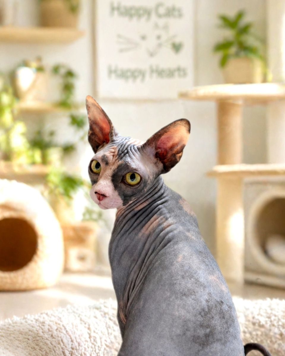 Meadowsphynx Celestial Dancer (Maia) – Sphynx Portrait Maia the Canadian Sphynx cat sitting upright on a cream blanket, showing her large ears and green eyes