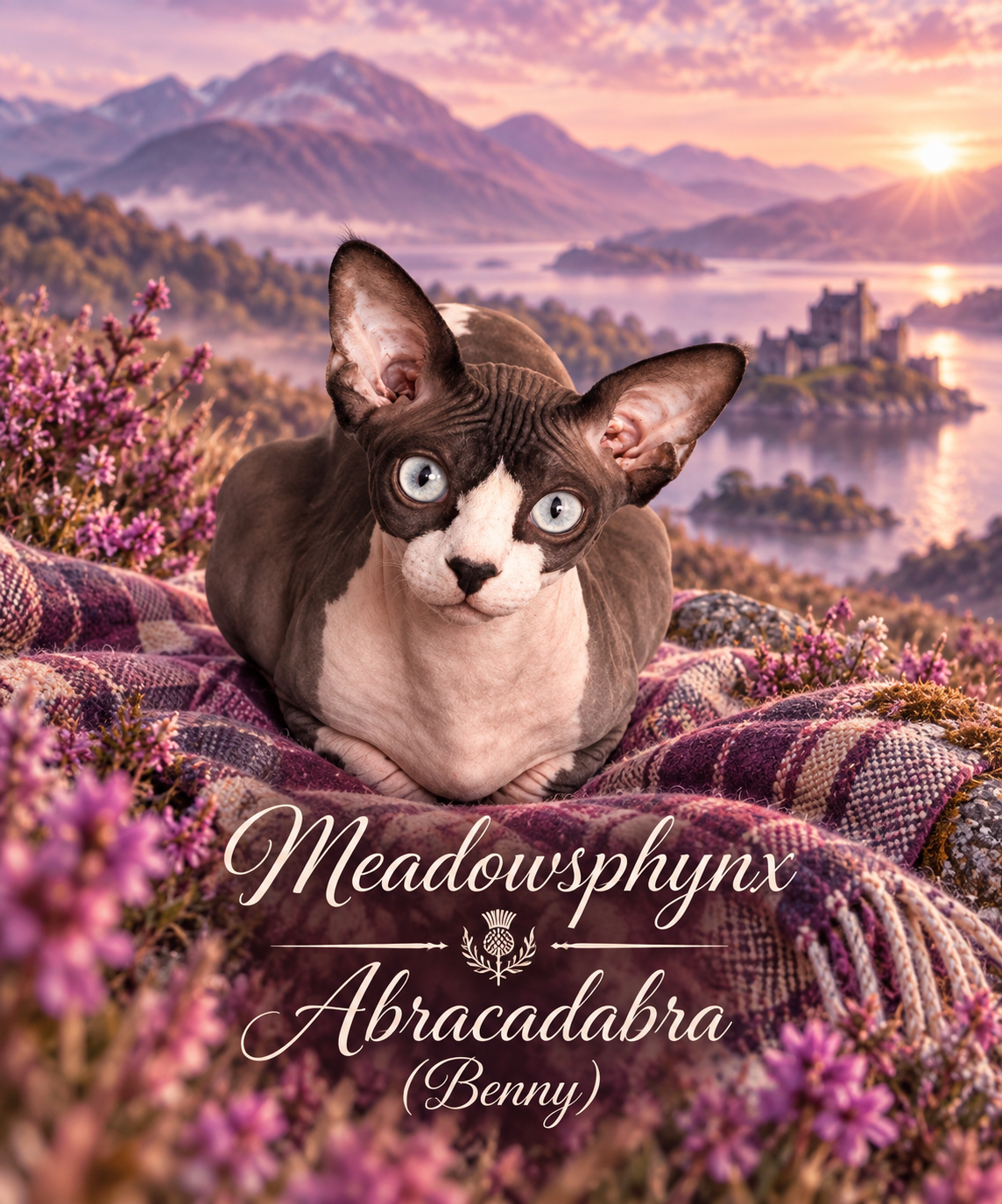 Meadowsphynx Abracadabra (Benny) – RiviaSphynx Canadian Sphynx cat Meadowsphynx Abracadabra (Benny) pictured against a purple Scottish landscape
