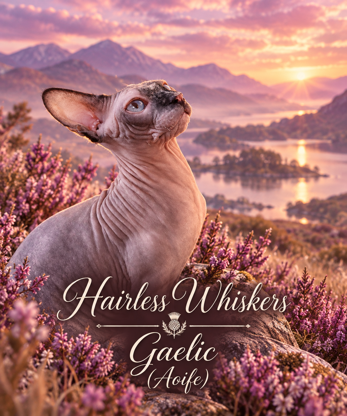 Hairless Whiskers Gaelic (Aoife) – RiviaSphynx Canadian Sphynx cat Hairless Whiskers Gaelic (Aoife) pictured against a purple Scottish landscape