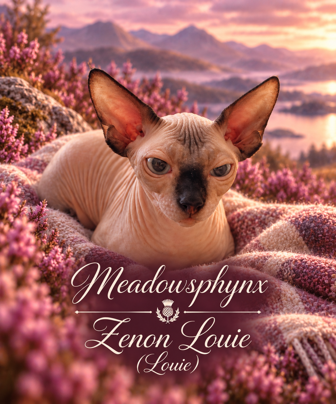 Meadowsphynx Zenon Louie (Louie) – RiviaSphynx Portrait of Meadowsphynx Zenon Louie (Louie), a Canadian Sphynx cat resting on a blanket among purple flowers, with his name displayed