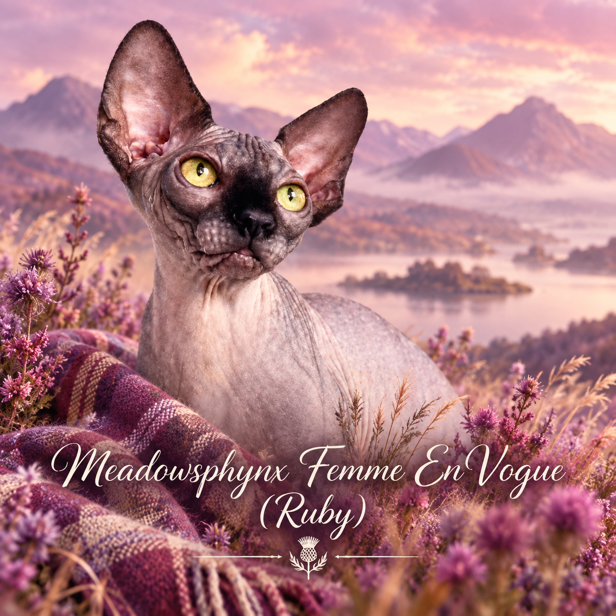 Meadowsphynx Femme En Vogue (Ruby) – RiviaSphynx Portrait of Ruby, Meadowsphynx Femme En Vogue, a Canadian Sphynx cat with large ears and golden eyes, against a pink floral landscape